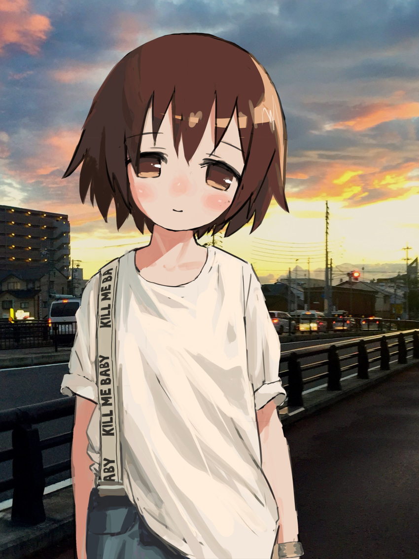 1girl absurdres blush brown_eyes brown_hair car closed_mouth clouds cloudy_sky ground_vehicle guard_rail head_tilt highres kill_me_baby looking_at_viewer motor_vehicle nadegata oribe_yasuna outdoors photo_background shirt short_hair short_sleeves sky smile solo standing sunset suspenders white_shirt