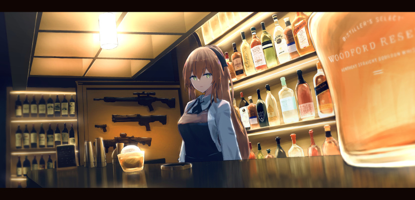 1girl absurdres alcohol alternate_costume ar-15 bar bartender brown_hair butasanp closed_mouth commentary_request expressionless girls_frontline green_eyes gun hair_between_eyes highres indoors light long_hair long_sleeves m1903_springfield_(girls_frontline) makers_mark open_mouth ponytail rhum_martinique ribbon rifle shirt solo weapon white_shirt