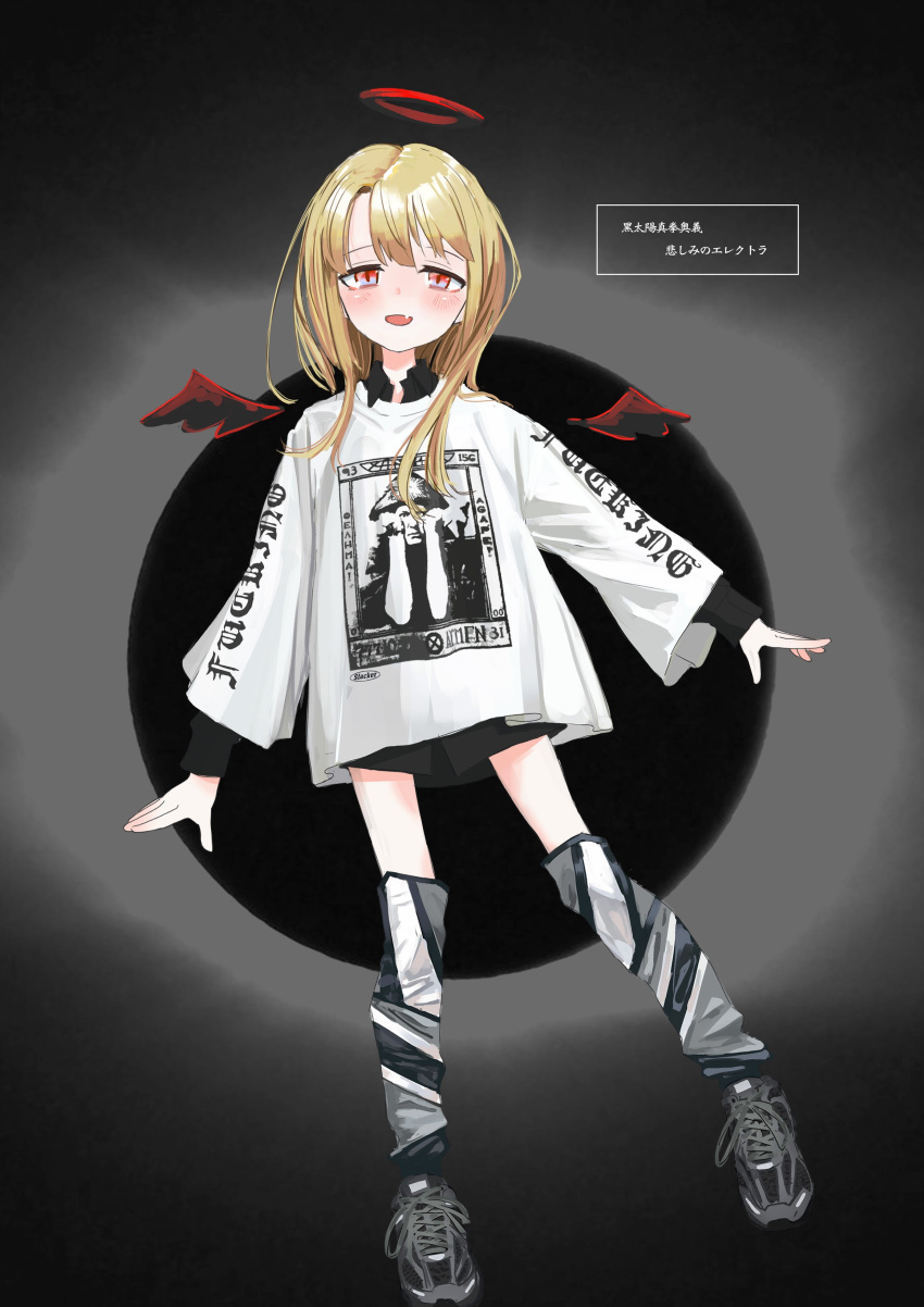 1girl :d absurdres blonde_hair blush detached_wings fangs full_body grey_footwear halo highres leg_warmers long_hair long_sleeves looking_at_viewer nadegata open_mouth original red_eyes red_wings shirt shoes skin_fangs smile solo translation_request white_shirt wings