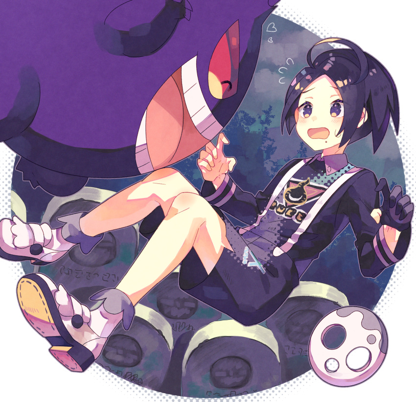 1boy absurdres ahoge black_hair collared_shirt commentary_request gen_1_pokemon gengar gloves gym_leader hands_up heart highres huge_filesize knees mask mask_removed mole mole_under_mouth nagatsukiariake onion_(pokemon) open_mouth pokemon pokemon_(creature) pokemon_(game) pokemon_swsh print_shirt print_shorts shirt shoes shorts single_glove suspender_shorts suspenders tongue white_footwear