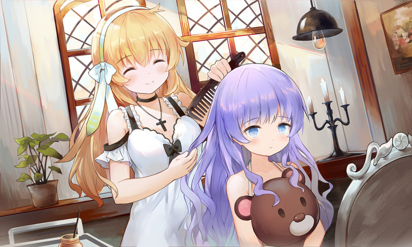 2girls ^_^ bangs bare_arms bare_shoulders black_bow blonde_hair blue_hair blush bow bow_hairband breasts candle candlestand closed_eyes closed_mouth comb combing commentary_request dress eyebrows_visible_through_hair fire hair_between_eyes hair_bow hairband harmonia_(key) holding holding_comb indoors leilin long_hair multiple_girls object_hug plant potted_plant purple_hair revision shiona_(harmonia) signature sitting sleeveless sleeveless_dress small_breasts smile standing stuffed_animal stuffed_toy teddy_bear tipi_(harmonia) very_long_hair white_bow white_dress white_hairband window