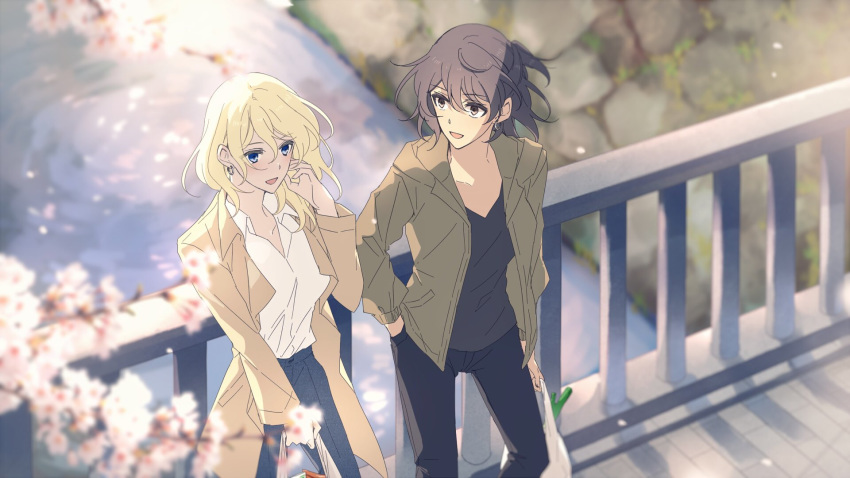 2girls amazuki_jou andou_(girls_und_panzer) bag bangs black_hair black_pants black_shirt blonde_hair blue_eyes blue_pants blurry blurry_background blurry_foreground branch brown_eyes brown_jacket canal casual cherry_blossoms coat collared_shirt commentary dark_skin day depth_of_field earrings eyebrows_visible_through_hair girls_und_panzer grocery_bag hand_in_hair hand_in_pocket highres holding holding_bag hood hood_down hooded_jacket jacket jewelry long_sleeves looking_at_another medium_hair messy_hair multiple_girls open_clothes open_coat open_jacket open_mouth oshida_(girls_und_panzer) outdoors pants plastic_bag railing shirt shopping_bag smile standing white_shirt wind yellow_coat