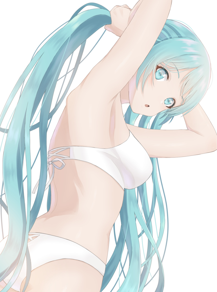 1girl aqua_eyes aqua_hair arms_up bikini breasts hatsune_miku highres long_hair looking_at_viewer medium_breasts mee_330 simple_background solo swimsuit twintails very_long_hair vocaloid white_background white_bikini
