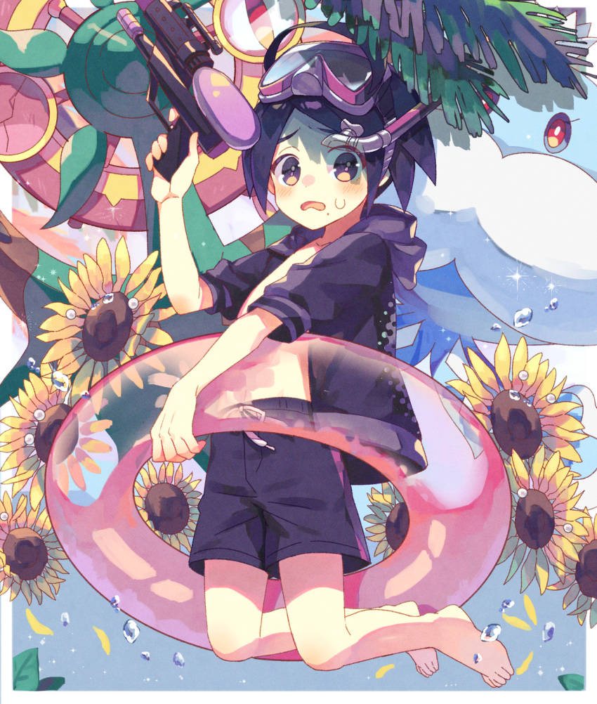 1boy ahoge alternate_costume arm_up barefoot black_hair blush bubble commentary_request dhelmise diving_mask diving_mask_on_head flower gen_5_pokemon gen_7_pokemon highres holding holding_innertube holding_water_gun innertube jellicent jellicent_(male) looking_at_viewer male_swimwear nagatsukiariake onion_(pokemon) open_mouth pokemon pokemon_(creature) pokemon_(game) pokemon_swsh sleeves_past_elbows snorkel sunflower swim_trunks swimwear toes tongue water_gun