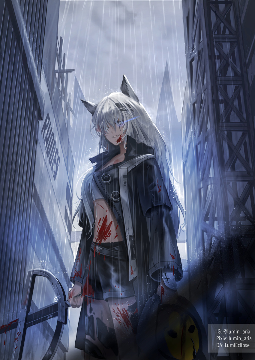 1girl absurdres animal_ears arknights artist_name bandeau bare_legs black_coat black_shorts blood blood_on_face bloody_clothes bloody_weapon breasts city coat commentary cowboy_shot death glowing glowing_eye grey_eyes grin hair_between_eyes hair_ornament highres holding holding_sword holding_weapon lappland_(arknights) long_hair looking_at_viewer lumin_aria medium_breasts midriff millipen_(medium) open_clothes open_coat ore_lesion_(arknights) outdoors rain reunion_soldier_(arknights) scar scar_across_eye short_shorts shorts silver_hair smile solo_focus strapless sword thighs traditional_media tubetop weapon wolf_ears