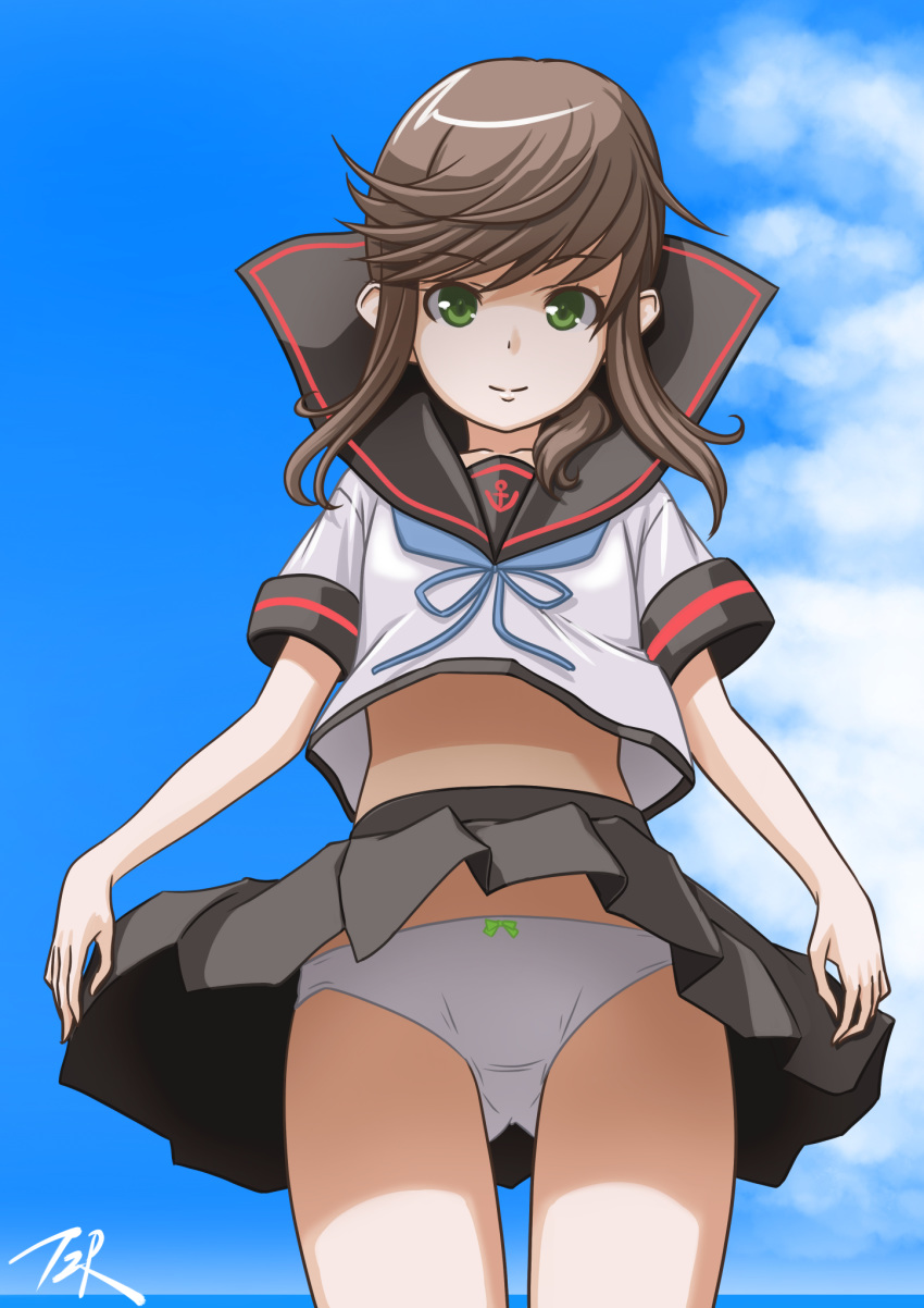 1girl anchor_symbol black_hair black_sailor_collar black_skirt blue_sky clouds commentary_request cowboy_shot fubuki_(kantai_collection) green_eyes highres kantai_collection long_hair looking_at_viewer low_ponytail panties pantyshot pleated_skirt ponytail remodel_(kantai_collection) sailor_collar short_ponytail sidelocks skirt sky solo t2r underwear upskirt white_panties