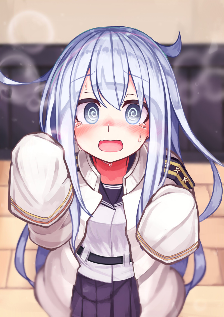 1girl @_@ bangs blue_hair blurry blurry_background blush embarrassed eyebrows_visible_through_hair hair_between_eyes hibiki_(kantai_collection) highres jacket kantai_collection long_hair long_sleeves nose_blush open_mouth pleated_skirt reitou_mikan silver_hair skirt sleeves_past_fingers sleeves_past_wrists solo steam sweat tears verniy_(kantai_collection) white_jacket