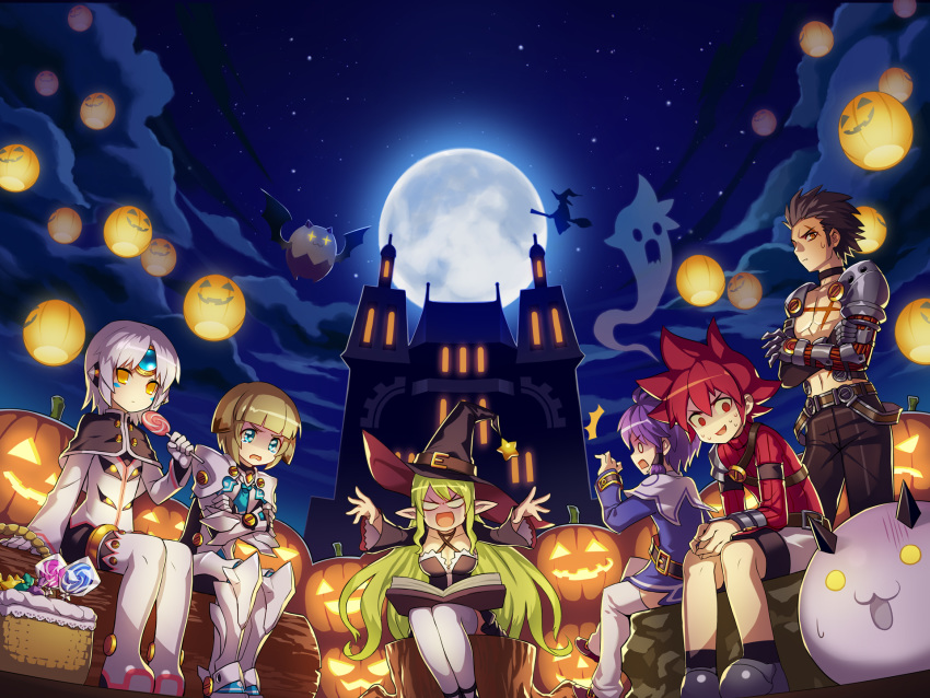 3boys 3girls aisha_landar angkor_(elsword) basket candy castle chung_seiker elsword elsword_(character) eve_(elsword) food halloween halloween_costume highres jack-o'-lantern moon multiple_boys multiple_girls official_art poker_face raven_cronwell rena_erindel scared sitting soul surprised sweat witch