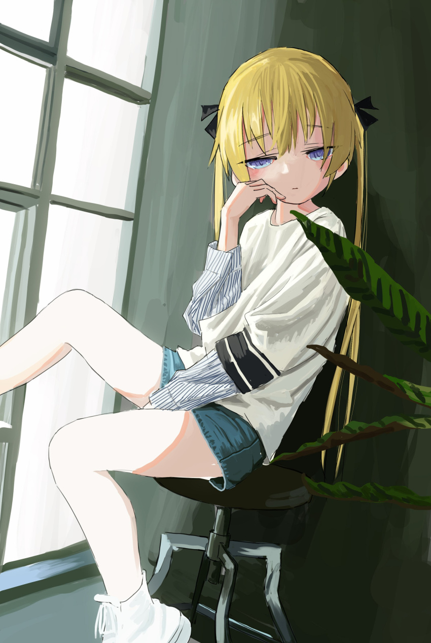 1girl absurdres blonde_hair blue_shorts closed_mouth highres kill_me_baby long_hair long_sleeves looking_at_viewer nadegata plant potted_plant shirt shoes short_over_long_sleeves short_sleeves shorts sitting solo sonya_(kill_me_baby) stool striped striped_shirt twintails violet_eyes white_footwear white_shirt window