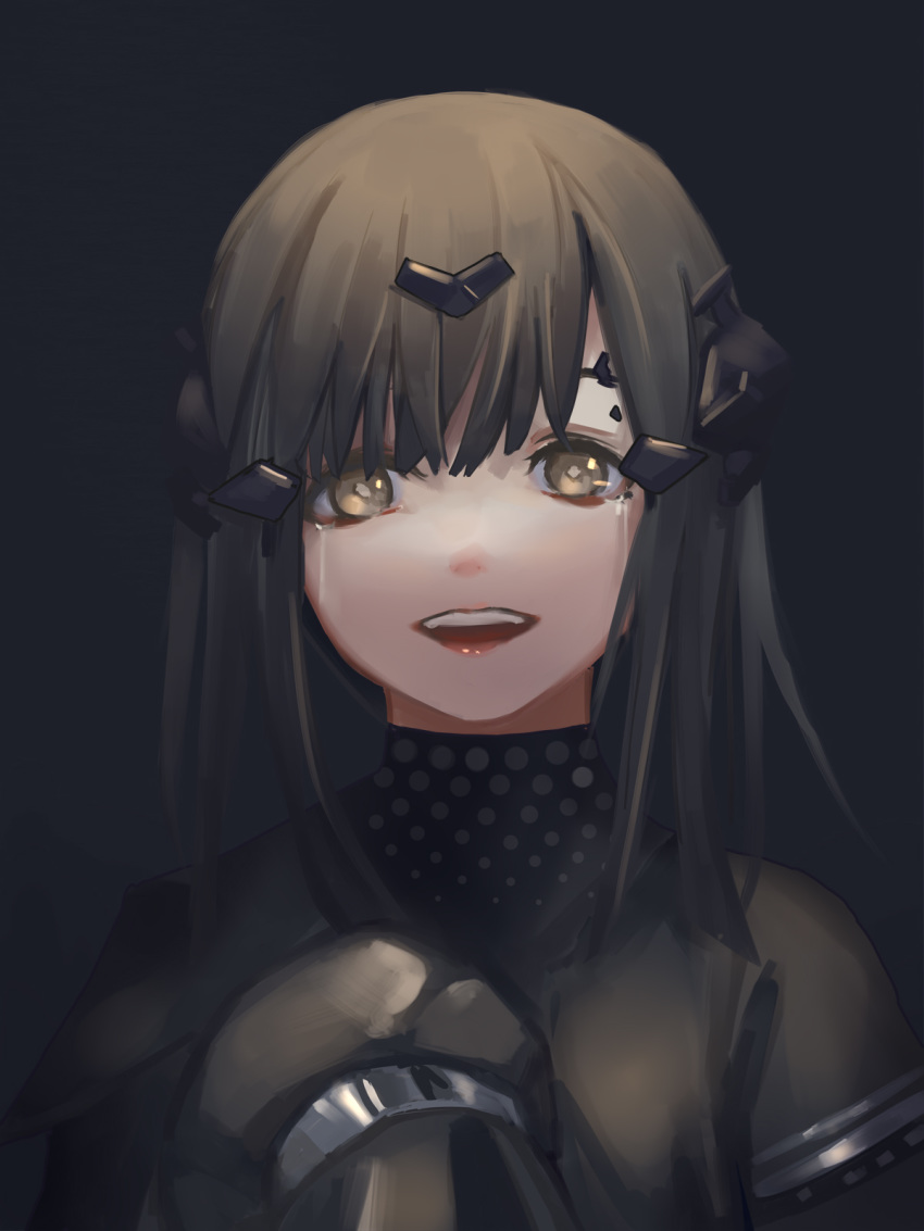 1girl black_dress black_hair crying crying_with_eyes_open dark_background dress girls_frontline headgear highres looking_at_viewer low_ponytail nyto_mercurows_(girls_frontline) open_mouth paradeus reaching_out sleeves_past_wrists smile solo tears upper_body upper_teeth xyufsky