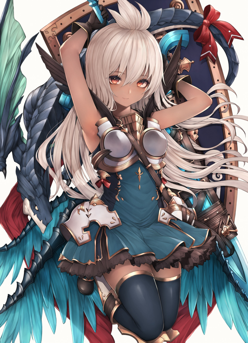 1girl absurdres armor armpits arms_up bare_shoulders black_gloves black_legwear blue_dress boots bow breastplate creature dark_skin dragon dress faulds feathered_wings gloves granblue_fantasy highres holding holding_sword holding_weapon legs_up long_hair looking_at_viewer orange_eyes revision shield sleeveless sleeveless_dress smile snm_(sunimi) solo strap sword tail tail_bow thigh-highs weapon white_background white_hair wings zettai_ryouiki zooey_(granblue_fantasy)