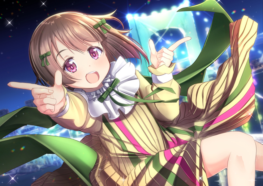 1girl :d bangs bow bridge brown_hair commentary_request dress finger_gun green_bow green_neckwear hair_bow long_sleeves love_live! love_live!_school_idol_festival_all_stars mad_(hazukiken) nakasu_kasumi neck_ribbon night open_mouth outdoors perfect_dream_project pleated_dress ribbon short_hair smile solo violet_eyes yellow_dress