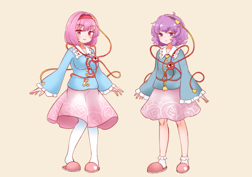 2girls blouse blue_blouse bobby_socks breasts buttons curly_hair dual_persona eyeball frilled_shirt_collar frills hair_ornament hairband heart heart_hair_ornament highres itatatata komeiji_satori long_skirt long_sleeves medium_breasts multiple_girls pink_eyes pink_hair pink_skirt purple_hair red_footwear ribbon-trimmed_collar ribbon_trim shoes short_hair skirt slippers socks third_eye touhou violet_eyes wide_sleeves