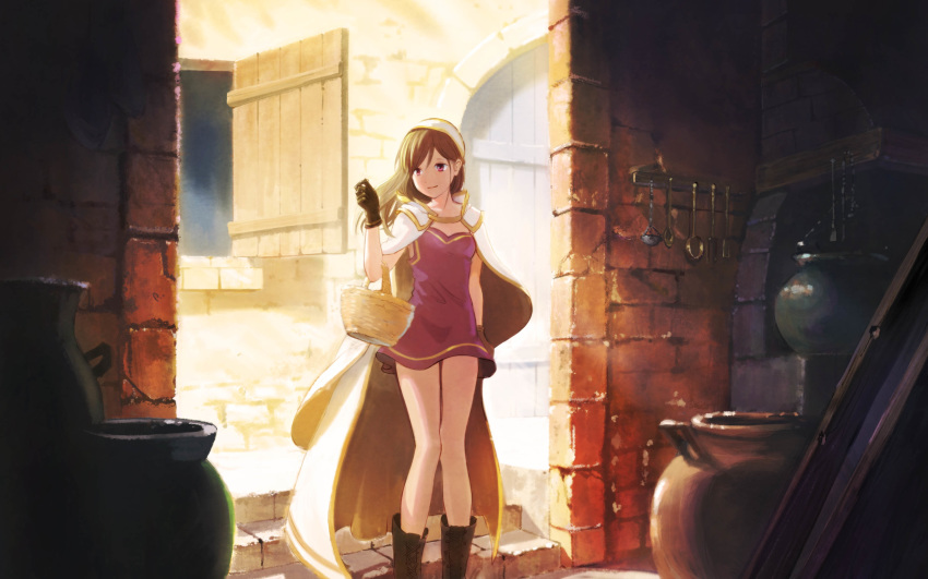 1girl absurdres arm_at_side basket boots brown_footwear brown_gloves brown_hair chimneyart day dress gloves hand_up highres indoors kettle ladle looking_at_viewer making-of_available original pink_dress pink_eyes pot solo spoon standing window