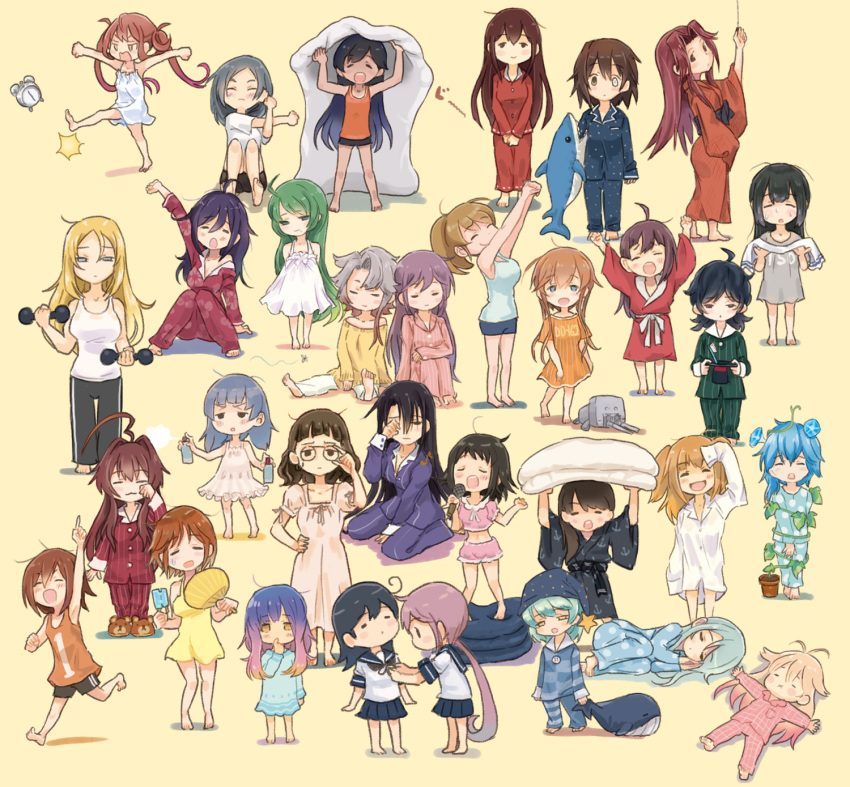 6+girls :x ahoge akagi_(kantai_collection) akebono_(kantai_collection) akishimo_(kantai_collection) animal_slippers aqua_hair asagumo_(kantai_collection) bangs blanket blonde_hair blue_flower blue_hair blunt_bangs blush brown_hair clock closed_eyes clothes_writing dressing dressing_another eyebrows_visible_through_hair fan fanning_face flower flower_pot food fujinami_(kantai_collection) furutaka_(kantai_collection) glasses gradient_hair green_hair grey_hair hair_down hat heterochromia highres huge_ahoge i-26_(kantai_collection) i-400_(kantai_collection) intrepid_(kantai_collection) isonami_(kantai_collection) japanese_clothes jintsuu_(kantai_collection) kantai_collection kicking kuma_(kantai_collection) kuroshio_(kantai_collection) light_brown_hair long_hair lying matsukaze_(kantai_collection) microphone minazuki_(kantai_collection) multicolored_hair multiple_girls nachi_(kantai_collection) naka_(kantai_collection) natori_(kantai_collection) nelson_(kantai_collection) on_back on_side ooshio_(kantai_collection) open_mouth otoufu pajamas pants paper_fan pince-nez popsicle purple_hair roma_(kantai_collection) rubbing_eyes ryuuhou_(kantai_collection) sagiri_(kantai_collection) sailor_collar samuel_b._roberts_(kantai_collection) school_uniform serafuku shiratsuyu_(kantai_collection) short_hair silver_hair simple_background sitting skirt slippers standing stomach_growling stretch stuffed_animal stuffed_shark stuffed_toy stuffed_whale sweat taigei_(kantai_collection) tank_top teruzuki_(kantai_collection) tsushima_(kantai_collection) twintails two_side_up uranami_(kantai_collection) ushio_(kantai_collection) weightlifting yellow_background yuudachi_(kantai_collection) yuugumo_(kantai_collection)