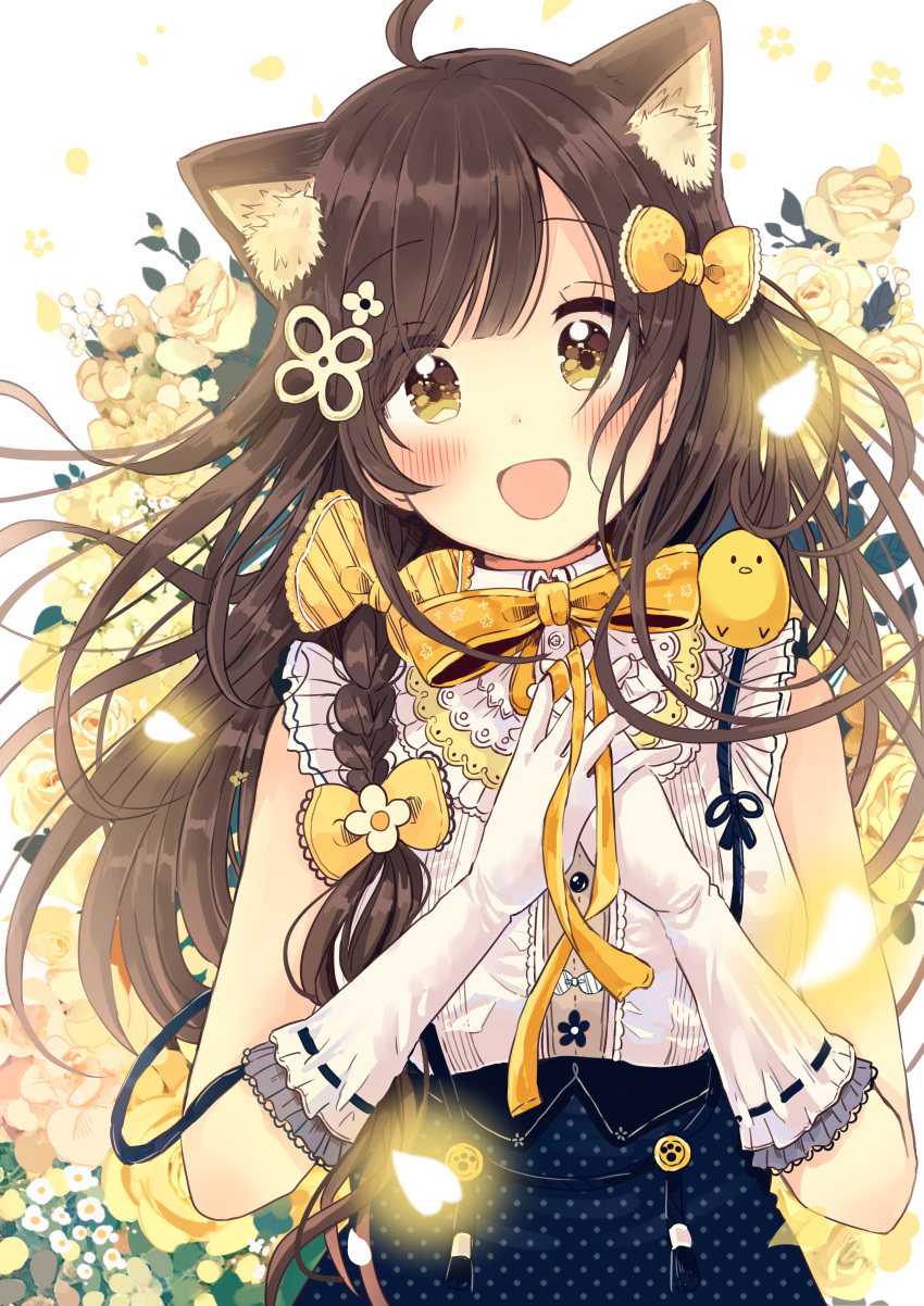 1girl :d absurdres ahoge animal animal_ear_fluff animal_ears animal_on_shoulder bangs bird blue_skirt blush bow braid brown_eyes brown_hair cat_ears chick commentary_request elbow_gloves eyebrows_visible_through_hair flower gloves hair_bow hair_flower hair_ornament hands_together hands_up highres long_hair looking_at_viewer open_mouth original own_hands_together petals polka_dot_skirt revision ribbon-trimmed_gloves ribbon_trim rose sakura_oriko shirt single_braid skirt sleeveless sleeveless_shirt smile solo upper_body very_long_hair white_flower white_gloves white_shirt yellow_bow yellow_flower yellow_rose