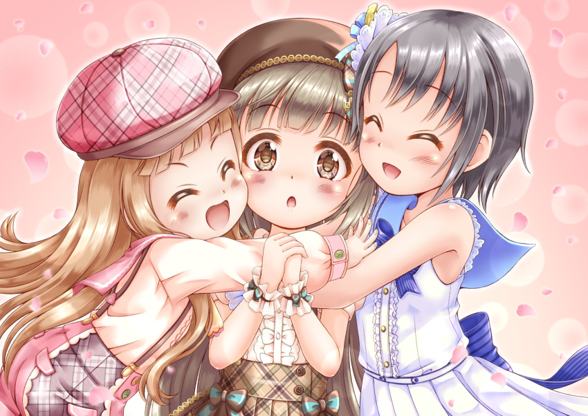 3girls :d :o ^_^ bangs beret black_hair blue_bow blue_sailor_collar blush bow brown_background brown_eyes brown_hair brown_headwear brown_skirt cabbie_hat center_frills closed_eyes commentary_request dress eyebrows_visible_through_hair girl_sandwich hands_together hands_up hat high-waist_skirt hug ichihara_nina idolmaster idolmaster_cinderella_girls idolmaster_cinderella_girls_starlight_stage leaning_forward long_hair long_sleeves looking_at_viewer multiple_girls open_mouth otokura_yuuki own_hands_together petals pink_headwear pink_sailor_collar pink_shorts plaid plaid_headwear plaid_shorts pleated_skirt puffy_long_sleeves puffy_sleeves regular_mow revision sailor_collar sailor_dress sandwiched shirt shorts skirt sleeveless sleeveless_dress smile striped striped_bow very_long_hair white_dress white_shirt wrist_cuffs yorita_yoshino