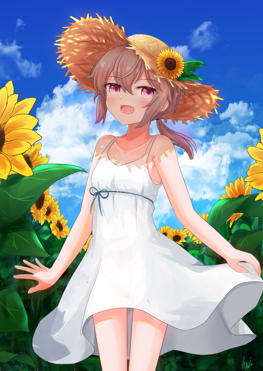 1girl absurdres blue_sky blush clouds cloudy_sky day dress eyebrows_visible_through_hair flower flower_on_head flower_ornament girls_frontline hat highres lavender_eyes lavender_hair lexis_yayoi looking_at_viewer low_ponytail m200_(girls_frontline) open_mouth panties ponytail see-through shadow sky smile solo standing straw_hat sun_hat sundress sunflower underwear white_dress