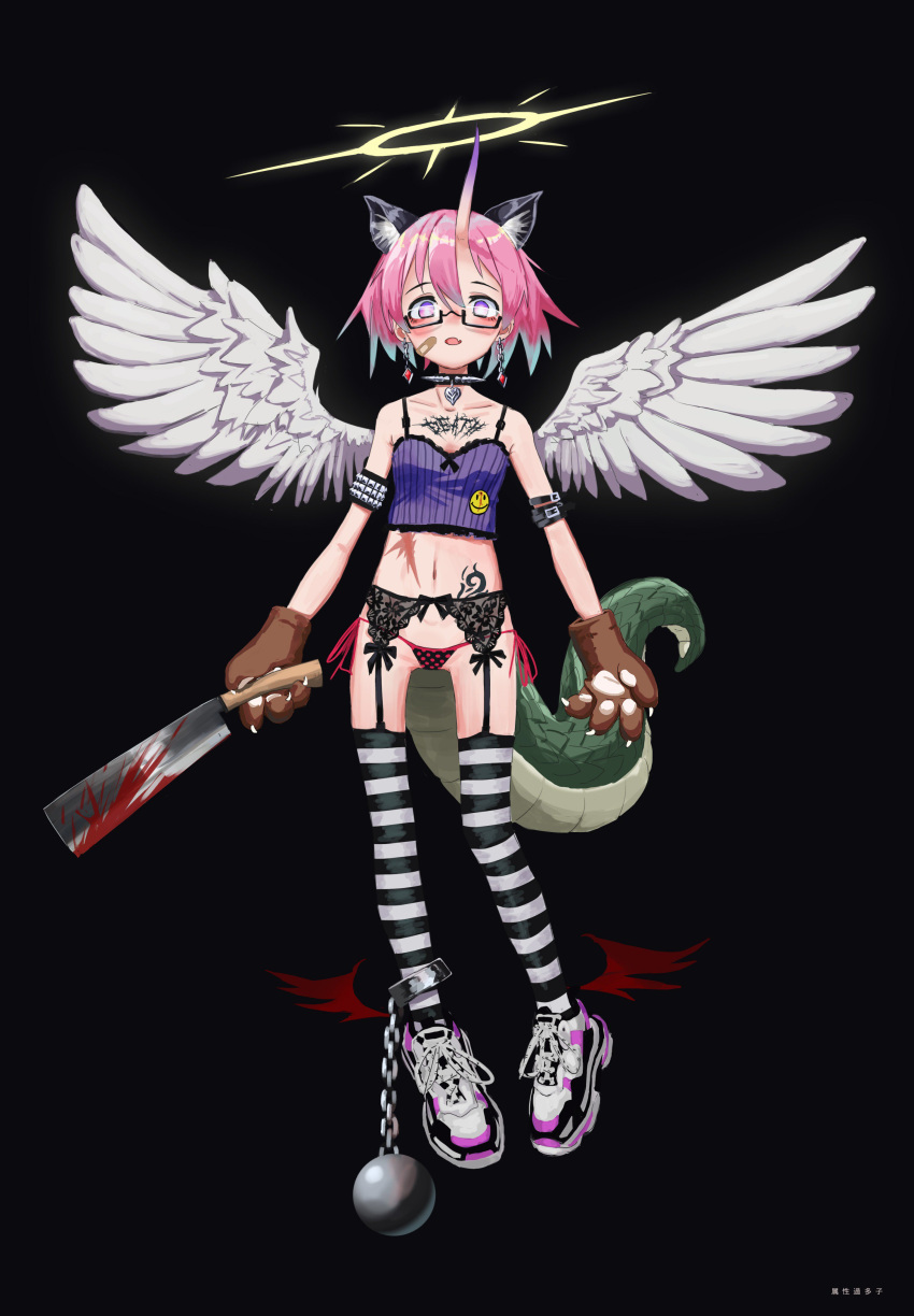 1girl :d absurdres angel_wings animal_ears ankle_cuffs armlet ball_and_chain bandaid bandaid_on_cheek black-framed_eyewear black_background black_legwear blood bloody_weapon blush bracelet bright_pupils cat_ears chimera_(nadegata) crop_top dragon_tail feathered_wings foot_wings full_body garter_belt glasses gloves grey_hair halo heart_pendant highres holding holding_knife horns jewelry knife looking_at_viewer machete multicolored_hair nadegata navel open_mouth original paw_gloves paws pink_hair scar semi-rimless_eyewear shoes simple_background single_horn skin-covered_horns smile solo spiked_bracelet spikes spread_wings tail tattoo thigh-highs two-tone_hair under-rim_eyewear violet_eyes weapon white_pupils white_wings wings