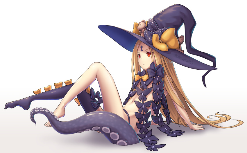 1girl abigail_williams_(fate/grand_order) bangs barefoot black_bow black_headwear black_legwear black_panties blonde_hair bow chagara commentary_request fate/grand_order fate_(series) flat_chest from_side gradient gradient_background grey_background hair_bow hat hat_bow highres keyhole knees_up long_hair navel no_shoes orange_bow panties parted_bangs polka_dot polka_dot_bow red_eyes revealing_clothes single_thighhigh sitting solo stuffed_animal stuffed_toy suction_cups teddy_bear tentacles thigh-highs underwear very_long_hair white_background witch_hat