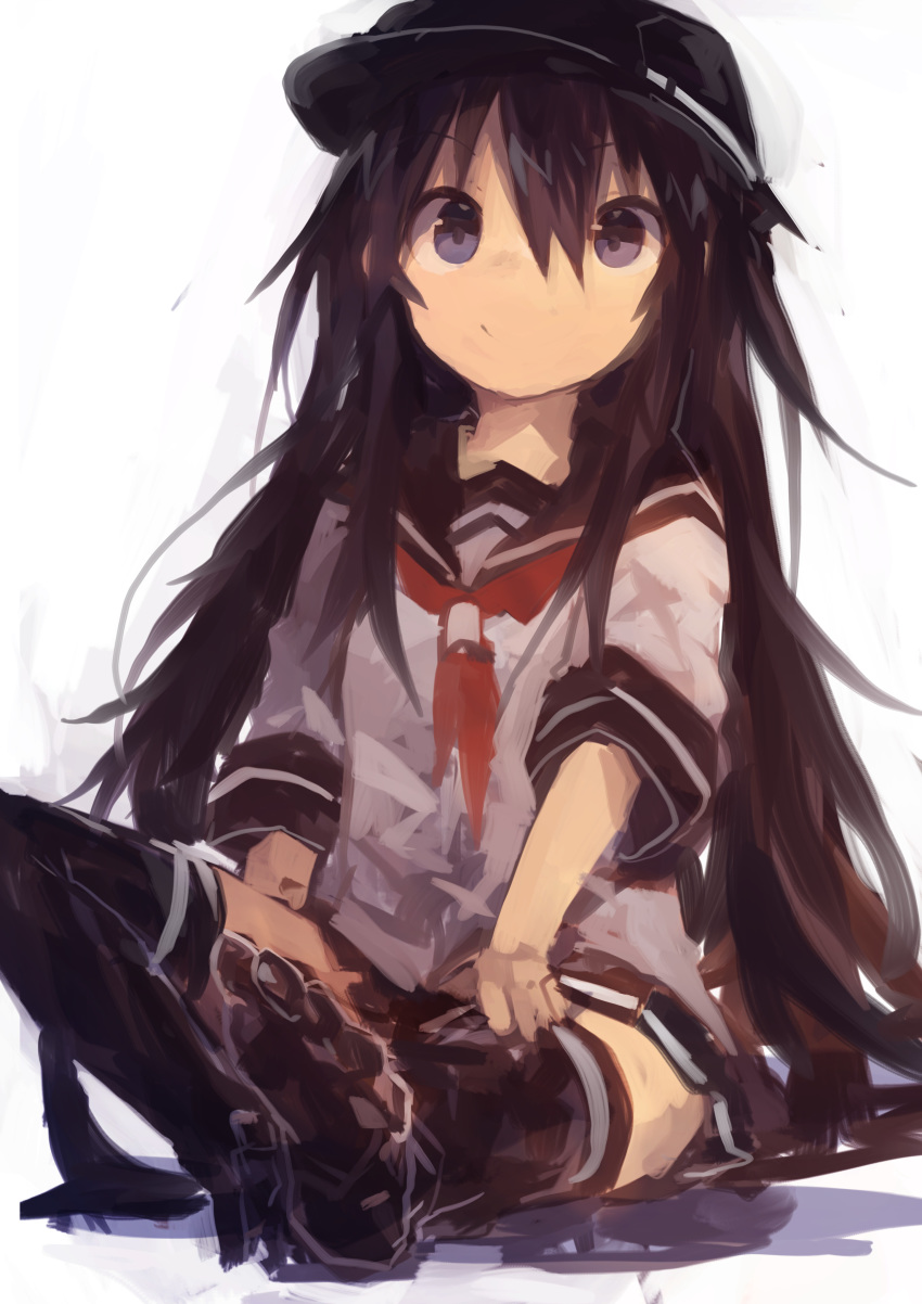 1girl absurdres akatsuki_(kantai_collection) bangs black_hair black_headwear black_legwear black_skirt closed_mouth dressing flat_cap hair_between_eyes hat highres kaamin_(mariarose753) kantai_collection long_hair neckerchief pleated_skirt red_neckwear sailor_collar school_uniform serafuku simple_background sitting skirt solo violet_eyes white_background