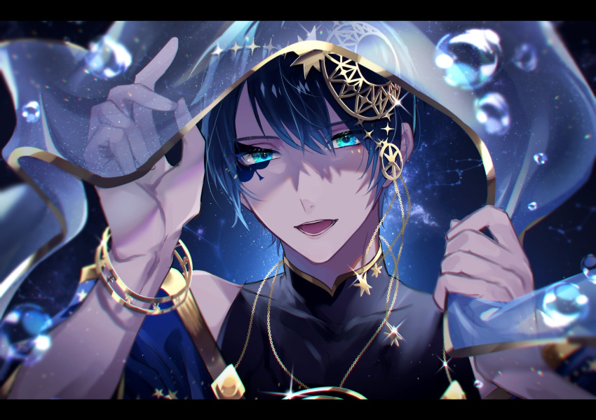 1boy blue_eyes blue_hair constellation deuce_spade facial_mark facial_tattoo hair_between_eyes hair_ornament headpiece highres ichino01no looking_at_viewer male_focus off_shoulder open_mouth solo tattoo twisted_wonderland