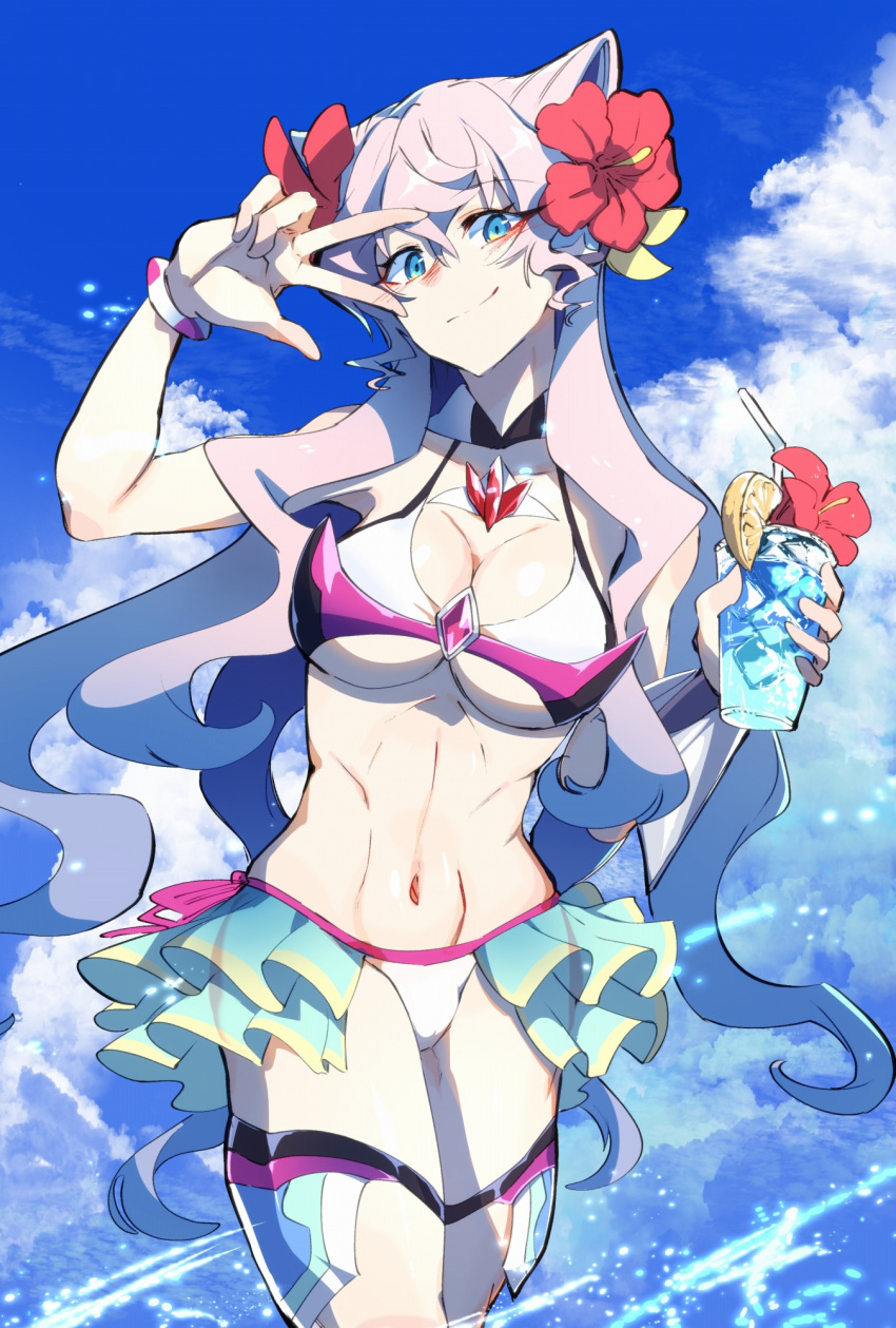 1girl abs armpits bikini blue_eyes blue_hawaii breasts cocktail cocktail_glass cowboy_shot cup drink drinking_glass flower food fruit hibiscus highres maria_cadenzavna_eve medium_breasts muscle muscular_female orange orange_slice pink_hair senki_zesshou_symphogear smile swimsuit takatsuki_nato