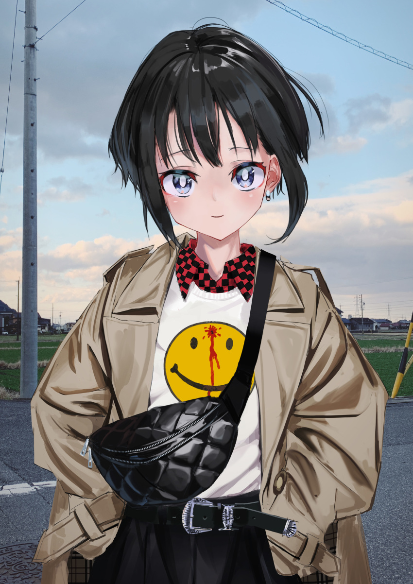 1girl absurdres black_hair black_skirt blue_sky bright_pupils brown_coat checkered checkered_skirt closed_mouth coat collared_shirt cowboy_shot day earrings highres jewelry long_sleeves looking_at_viewer nadegata original outdoors red_skirt shirt short_hair simple_background skirt sky sleeves_past_fingers sleeves_past_wrists smile smiley_face solo white_pupils white_shirt wing_collar