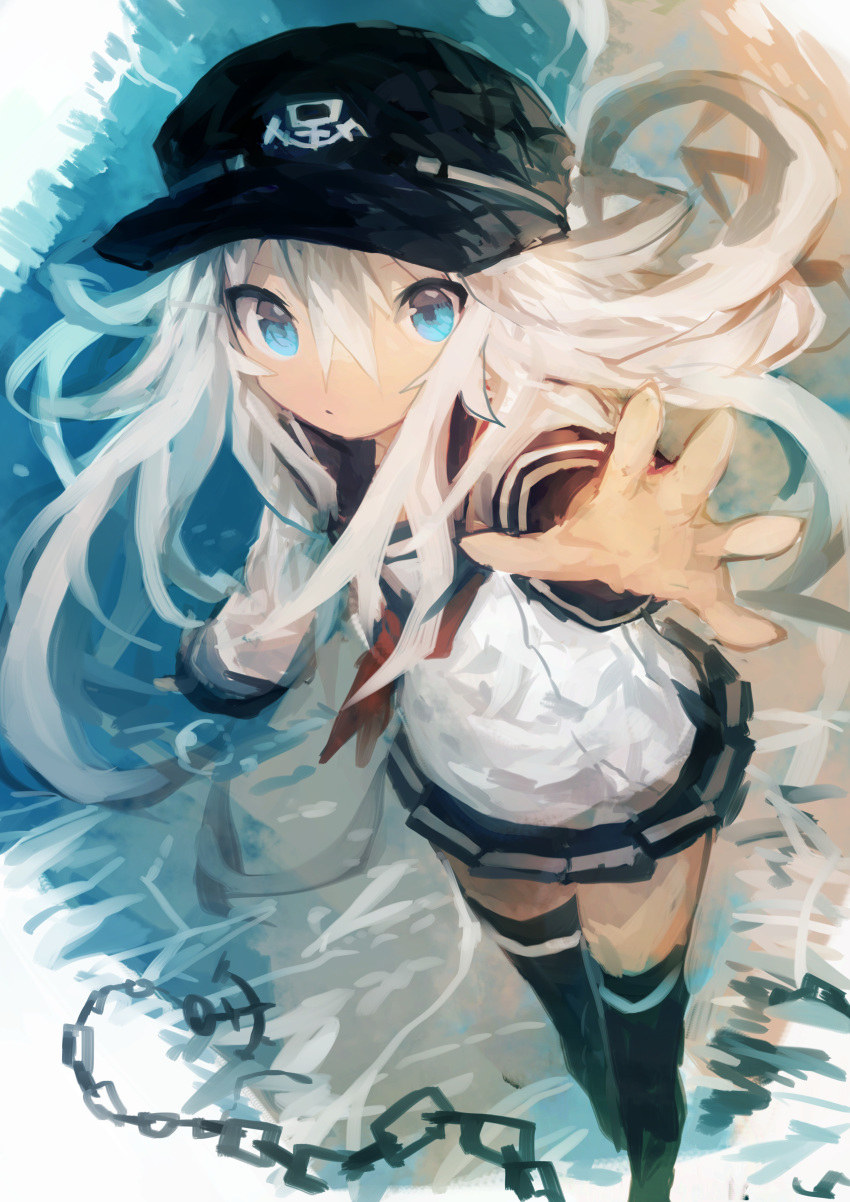 1girl absurdres anchor anchor_symbol bangs black_headwear black_legwear black_skirt blue_eyes chain flat_cap hair_between_eyes hat hibiki_(kantai_collection) highres kaamin_(mariarose753) kantai_collection long_hair long_sleeves multicolored multicolored_background neckerchief pleated_skirt red_neckwear sailor_collar school_uniform serafuku skirt solo thigh-highs white_hair