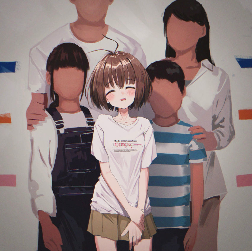 1girl absurdres blush brown_hair clothes_writing cowboy_shot faceless faceless_female faceless_male facing_viewer grey_skirt highres nadegata original pleated_skirt shirt short_hair short_sleeves skirt smile solo_focus standing v_arms white_shirt