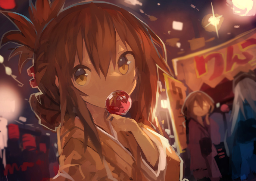 3girls absurdres alternate_costume bangs brown_hair candy_apple eating festival folded_ponytail food hair_between_eyes hibiki_(kantai_collection) highres holding holding_food ikazuchi_(kantai_collection) inazuma_(kantai_collection) japanese_clothes kaamin_(mariarose753) kantai_collection kimono long_hair multiple_girls night obi outdoors ponytail sash short_hair white_hair yellow_eyes yukata