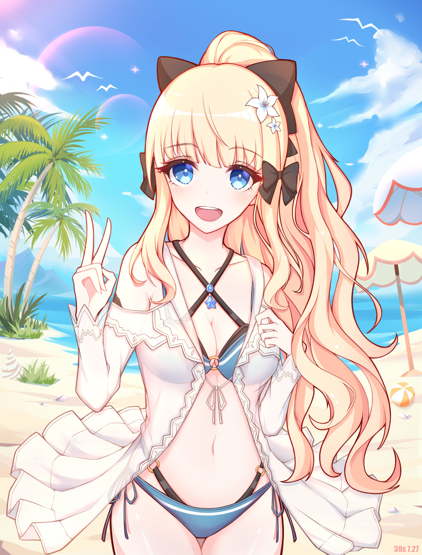 1girl 39s absurdres bangs bikini black_bow blonde_hair blue_eyes blush bow breasts elf eyebrows_visible_through_hair flower hair_bow hair_flower hair_ornament highres large_breasts long_hair looking_at_viewer open_mouth pointy_ears ponytail princess_connect! princess_connect!_re:dive saren_(princess_connect!) smile solo swimsuit