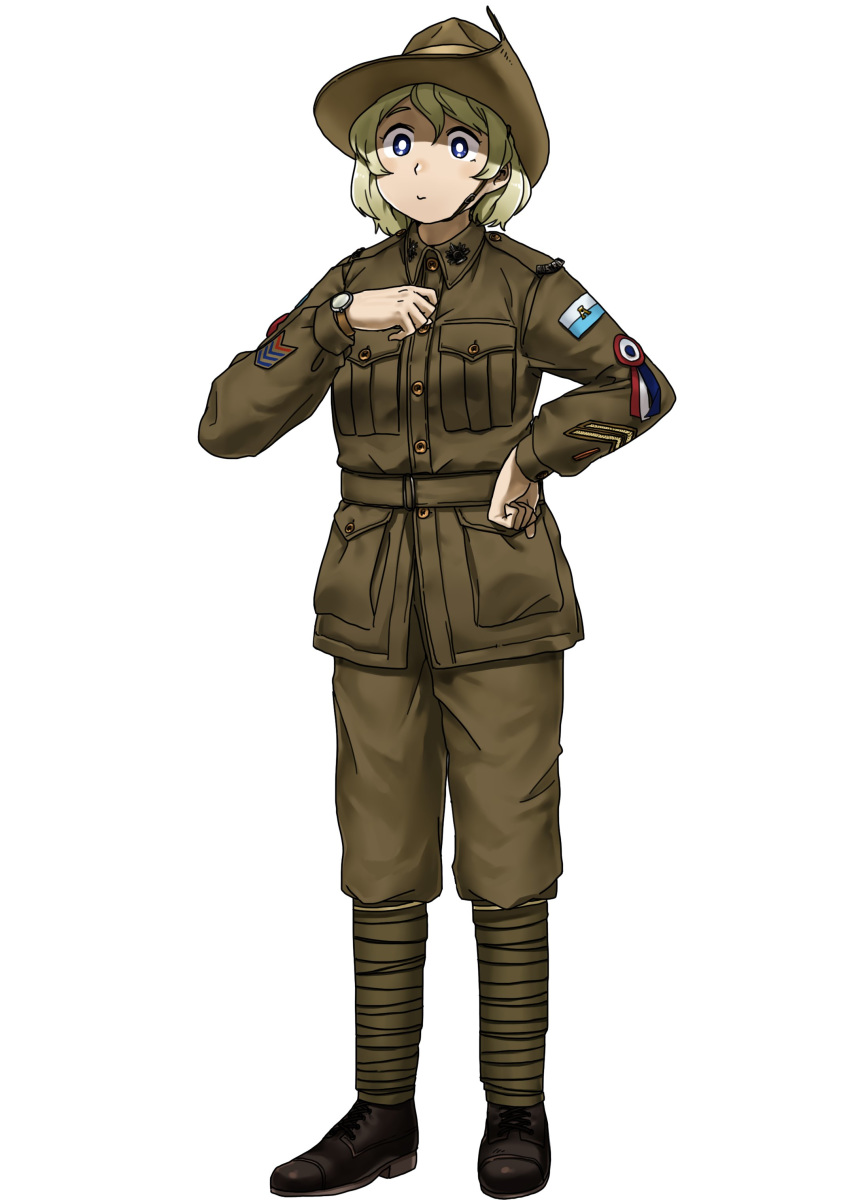 1girl absurdres anyan_(jooho) belt black_footwear blonde_hair blue_eyes brown_headwear brown_jacket brown_pants buttons closed_mouth full_body hand_on_hip hat highres jacket military military_rank_insignia military_uniform original pants shoes short_hair simple_background solo standing uniform watch watch white_background world_war_i