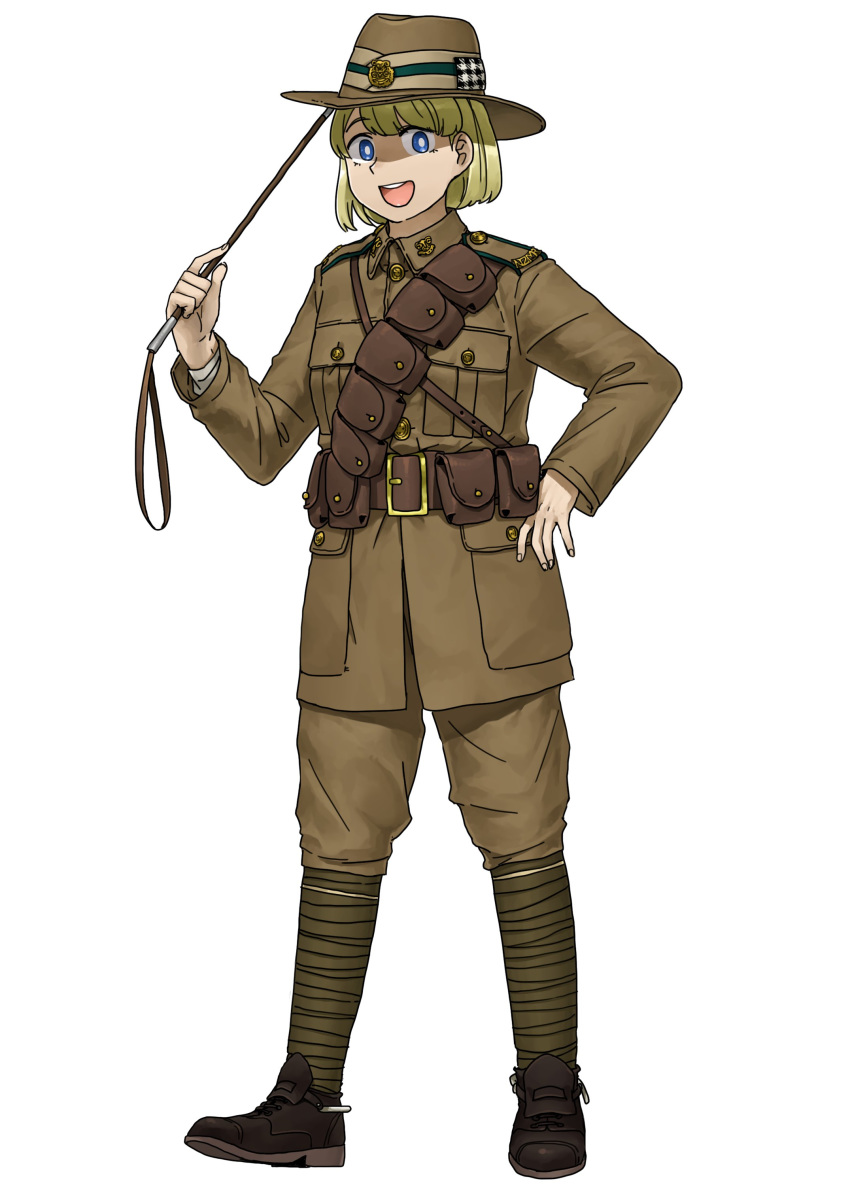 1girl absurdres anyan_(jooho) belt belt_pouch black_footwear blonde_hair blue_eyes brown_headwear brown_jacket brown_pants full_body hat highres jacket military military_uniform open_mouth original pants pouch riding_crop shoes short_hair simple_background smile solo standing teeth uniform white_background world_war_i