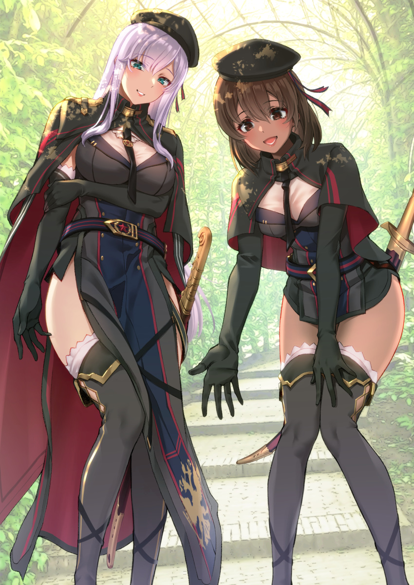 2girls :d absurdres alexandra_(suzuame_yatsumi) arm_across_waist bangs belt beret blue_eyes blush boots breasts brown_hair cape capelet commission dark_skin dress elbow_gloves eyebrows_visible_through_hair gloves hair_between_eyes hat highres large_breasts lavender_hair long_hair looking_at_viewer military military_uniform multiple_girls necktie open_mouth original pelvic_curtain reaching_out red_eyes saruchitan shalifa_(suzuame_yatsumi) short_dress short_hair sidelocks smile sword thigh-highs thigh_boots thighs uniform weapon