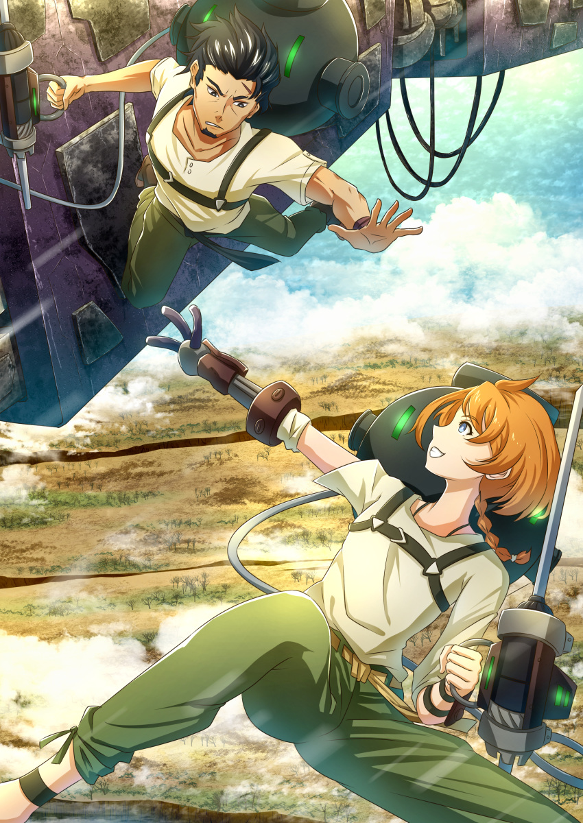 1boy 1girl absurdres bad_leg black_hair blue_eyes braid braided_ponytail clenched_hand decadence_(anime) green_pants ground_vehicle highres holding holding_weapon kaburagi_(decadence) midair military military_vehicle motor_vehicle natsume_(decadence) orange_hair outdoors outstretched_arm outstretched_hand pants prosthesis prosthetic_arm scar shirt short_hair smile tank weapon white_shirt wristband zephx