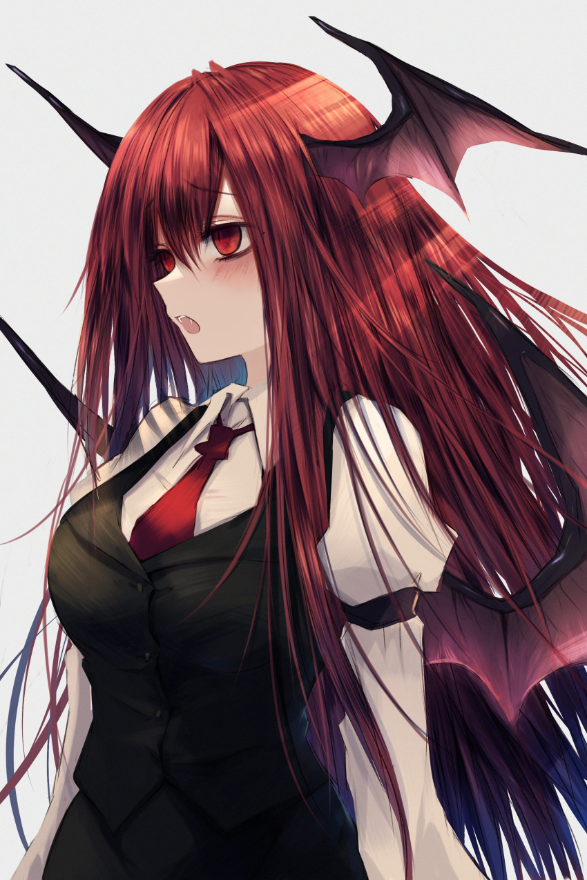 1girl absurdres black_skirt black_vest blush breasts collared_shirt demon_wings fangs grey_background head_wings highres koakuma long_hair long_sleeves maho_moco medium_breasts necktie open_mouth red_eyes red_neckwear redhead shirt simple_background skirt slit_pupils solo touhou vest white_shirt wing_collar wings