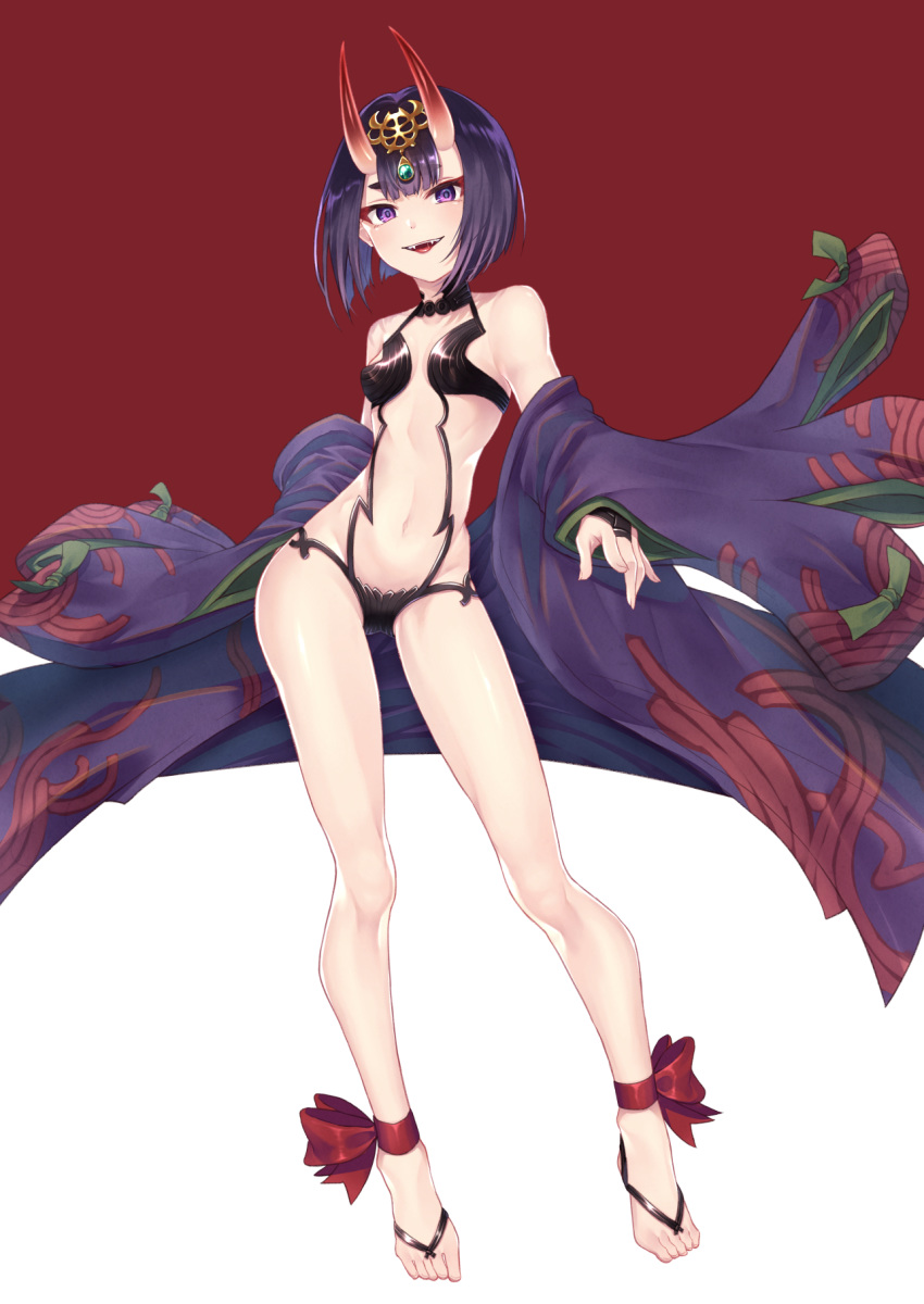 1girl ankle_ribbon bangs bare_shoulders barefoot barefoot_sandals blush bob_cut breasts collarbone eyeliner fate/grand_order fate_(series) feet headpiece highres horns japanese_clothes kimono legs long_sleeves looking_at_viewer makeup navel off_shoulder oni oni_horns open_clothes open_kimono open_mouth purple_hair purple_kimono red_ribbon revealing_clothes revision ribbon short_hair shuten_douji_(fate/grand_order) skin-covered_horns small_breasts smile tatsuhi226 toes violet_eyes wide_sleeves