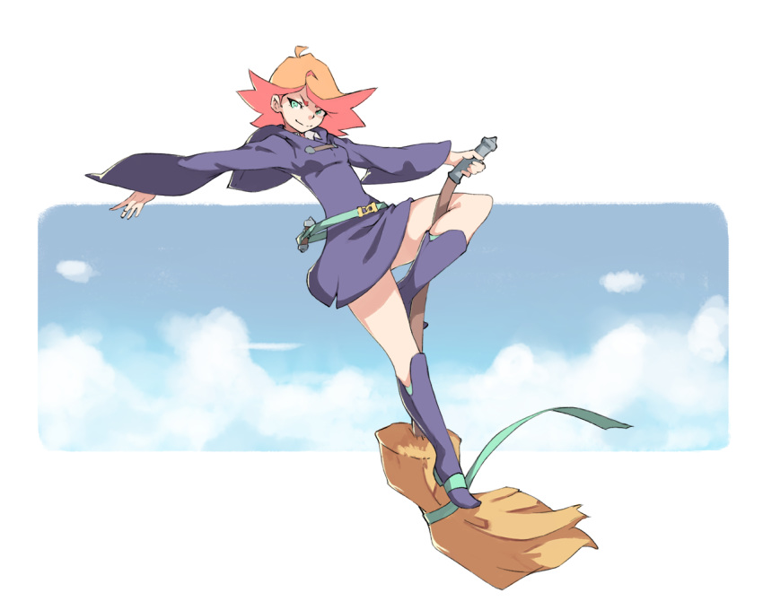 1girl amanda_o'neill broom broom_riding closed_mouth commentary dress english_commentary green_eyes little_witch_academia long_sleeves looking_at_viewer multicolored_hair orange_hair purple_dress redhead sash short_dress short_hair simple_background smile solo two-tone_hair vins-mousseux wide_sleeves