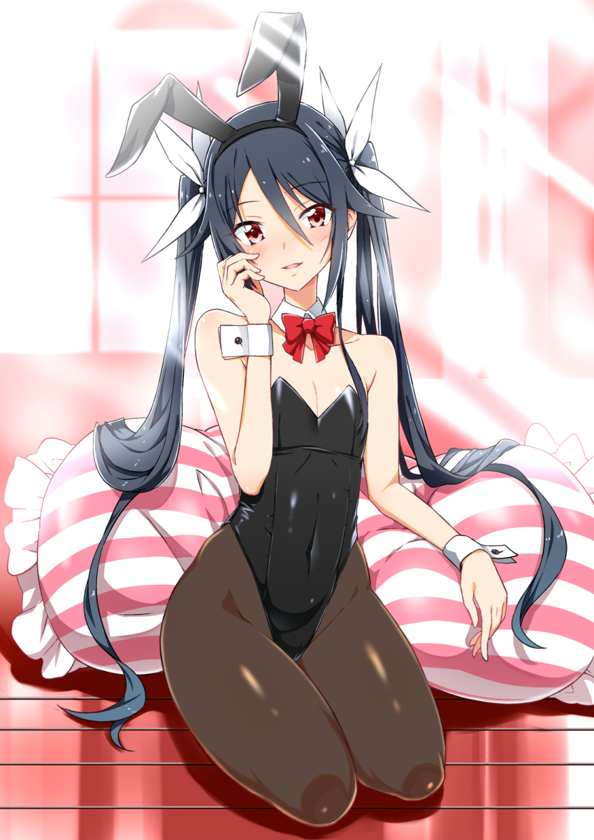1girl animal_ears bangs black_hair black_leotard blurry blurry_background blush bow bowtie breasts bunny_day bunny_girl bunnysuit commentary_request detached_collar eyebrows_visible_through_hair hair_between_eyes hair_bow hand_on_own_cheek highres indoors leotard light_rays long_hair looking_at_viewer navel open_mouth ore_twintail_ni_narimasu pantyhose pillow rabbit_ears red_eyes red_neckwear seiza sidelocks sitting small_breasts solo swept_bangs tsube_aika twintails very_long_hair wrist_cuffs yuto_(dialique)