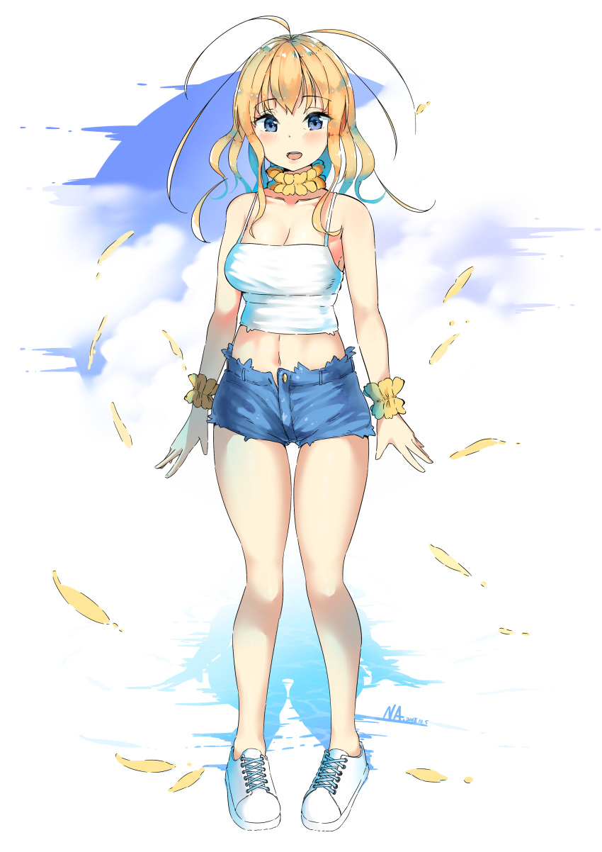 1girl 2018 absurdres blonde_hair blue_eyes blue_hair breasts dated gradient_hair highres long_hair looking_at_viewer medium_breasts multicolored_hair na_arva navel original personification petals short_shorts shorts solo standing