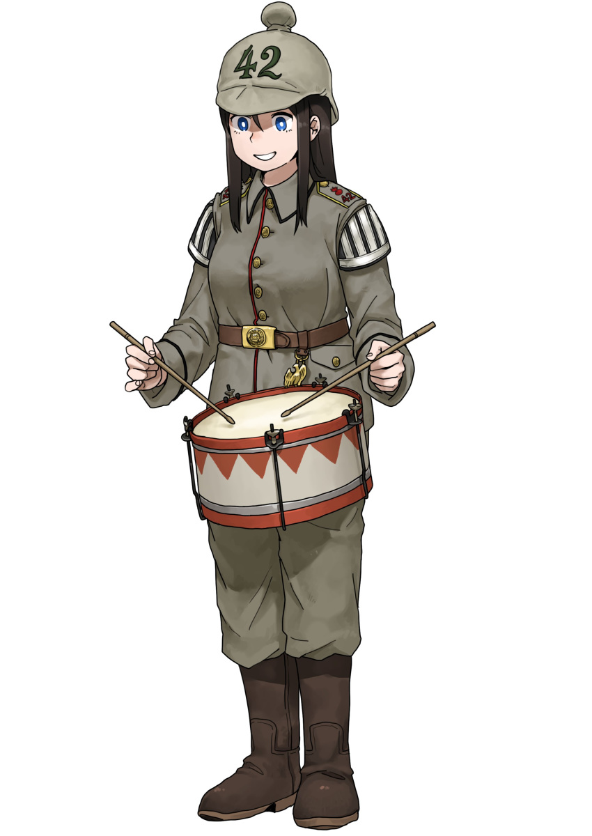 1girl absurdres anyan_(jooho) belt belt_buckle black_hair blue_eyes boots brown_footwear buckle buttons drum drumsticks full_body grey_headwear grey_jacket grey_pants helmet highres holding instrument jacket long_hair long_sleeves military military_uniform original pants sidelocks simple_background smile solo standing straight_hair teeth uniform white_background world_war_i