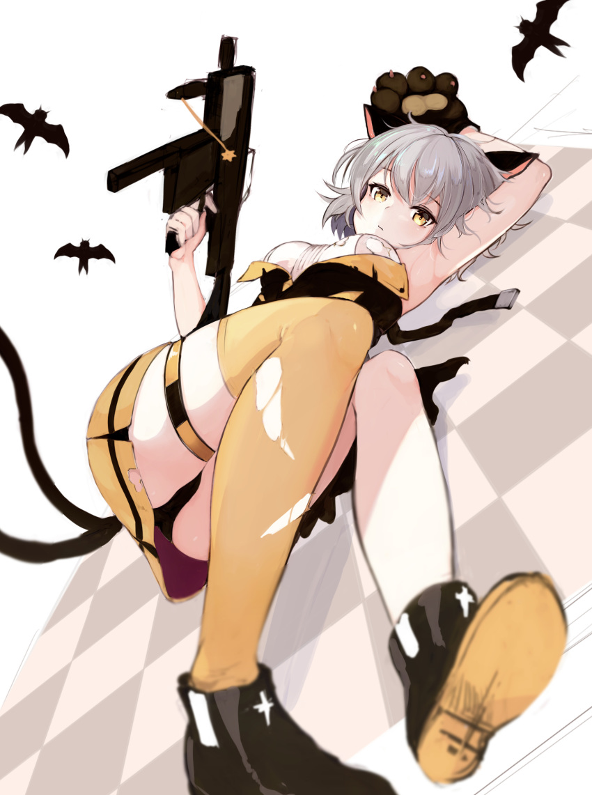 1girl animal_ears armpits black_panties breasts cat_ears eyebrows_visible_through_hair girls_frontline gun hand_on_weapon highres holding holding_weapon homo_1121 looking_at_viewer lying medium_breasts medium_hair on_back on_floor panties pantyshot shoes silver_hair single_thighhigh solo thigh-highs torn_clothes torn_legwear underwear vector_(girls_frontline) weapon yellow_eyes yellow_legwear