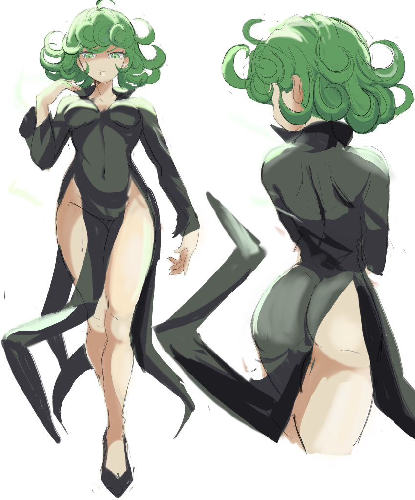 1girl ahoge ass back breasts dress green_eyes green_hair legs navel one-punch_man pout small_breasts tatsumaki