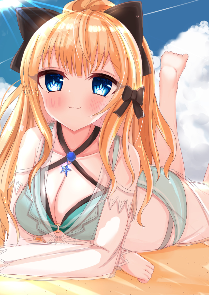 1girl bangs bikini black_bow blonde_hair blue_eyes blush bow breasts elf eyebrows_visible_through_hair flower hair_bow hair_flower hair_ornament highres imono_y large_breasts long_hair looking_at_viewer pointy_ears ponytail princess_connect! princess_connect!_re:dive saren_(princess_connect!) smile solo swimsuit