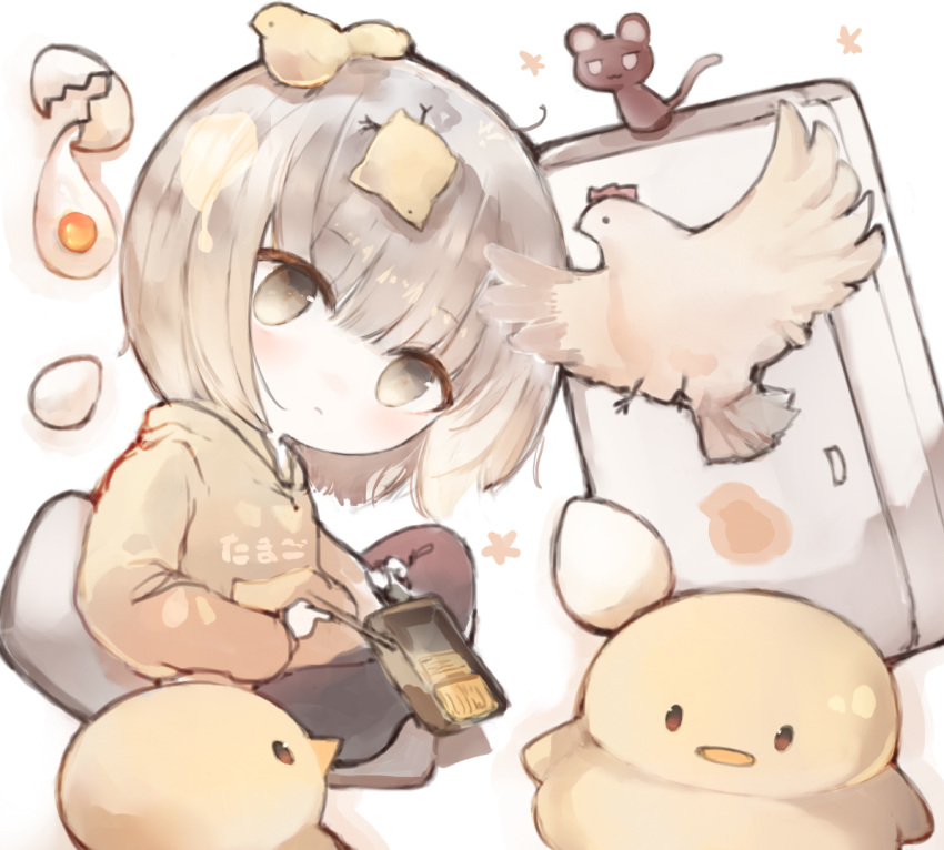 1girl animal bangs bird black_pants blush brown_hoodie chibi chick chicken chopsticks closed_mouth commentary_request cracked_egg egg eggshell eyebrows_visible_through_hair grey_eyes grey_hair holding holding_chopsticks hood hood_down hoodie kotatu_(akaki01aoki00) original pants refrigerator sitting solo white_background