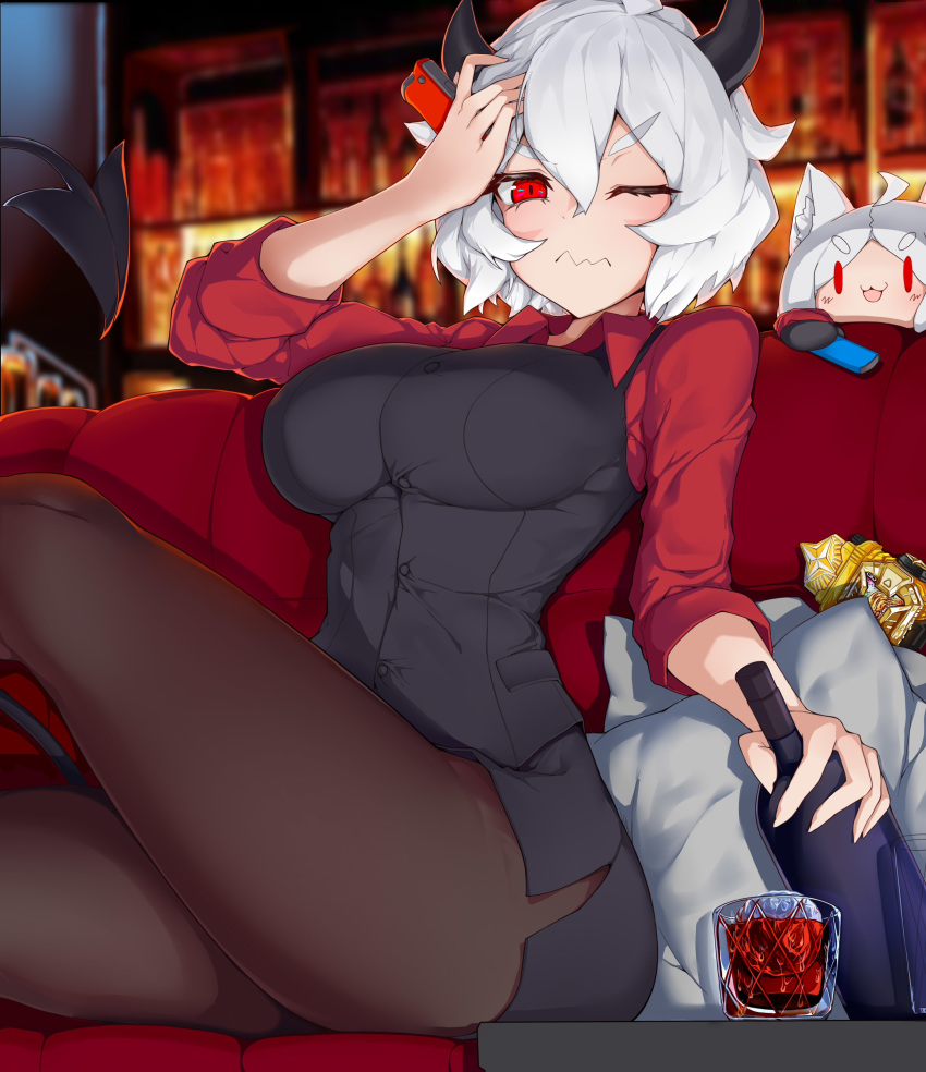 2girls :3 absurdres ahoge alcohol animal_ears arm_up black_horns black_vest blurry blurry_background blush breasts cerberus_(helltaker) commentary controller couch demon_girl demon_horns demon_tail dog_ears glass hair_between_eyes hand_on_head helltaker highres holding holding_controller horns indoors large_breasts long_sleeves looking_at_viewer malina_(helltaker) multiple_girls nintendo_switch_pro_controller one_eye_closed pantyhose pillow red_eyes red_shirt shirt short_hair sitting solo_focus tail vest waistcoat wavy_mouth white_hair wine zeroblood