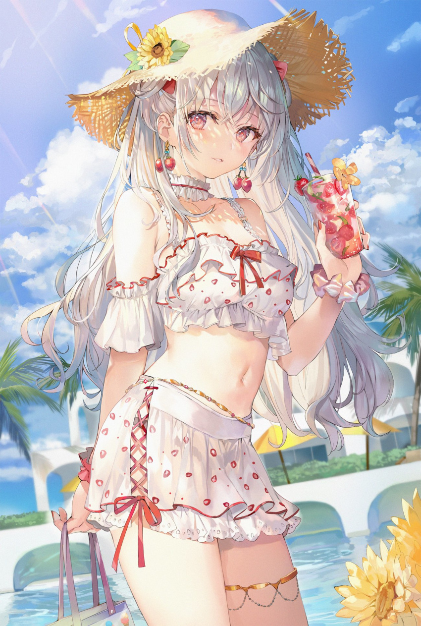 1girl anklet bag bare_shoulders blue_sky breasts brown_headwear choker clouds collarbone cowboy_shot crop_top cup day drinking_glass earrings flower frilled_choker frilled_shirt frills hat hat_flower highres holding holding_cup jewelry long_hair looking_at_viewer medium_breasts midriff miniskirt momoko_(momopoco) navel off-shoulder_shirt off_shoulder original outdoors panties panty_peek parted_lips red_eyes scrunchie shirt side_slit silver_hair skirt sky solo standing stomach straw_hat sunflower sunlight thighs underwear white_shirt white_skirt wrist_scrunchie