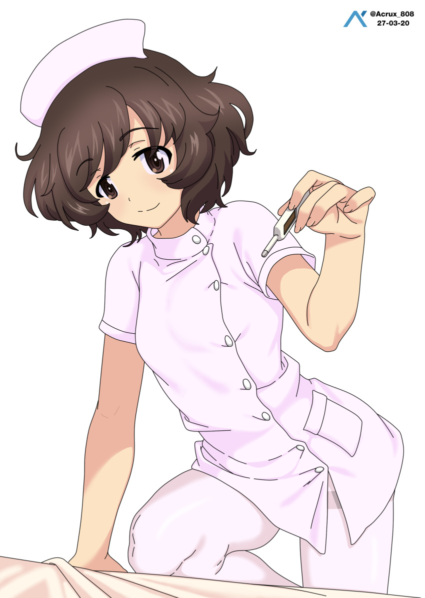 1girl absurdres acrux akiyama_yukari alternate_costume artist_name bed blush breasts brown_eyes brown_hair closed_mouth dated eyebrows_visible_through_hair girls_und_panzer hat highres looking_at_viewer nurse nurse_cap pantyhose pink_legwear shiny shiny_hair short_hair simple_background small_breasts smile solo thermometer white_background