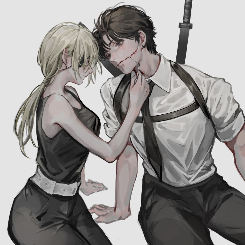 1boy 1girl bare_shoulders black_hair black_neckwear black_pants black_shirt blonde_hair breasts business_suit chainsaw_man collared_shirt deadprinceee eyebrows eyebrows_visible_through_hair eyepatch formal grey_background highres kishibe_(chainsaw_man) looking_at_another medium_breasts medium_hair necktie neckwear pants ponytail quanxi_(chainsaw_man) shirt shirt_tucked_in short_hair simple_background sitting sleeves_rolled_up suit sword weapon white_shirt